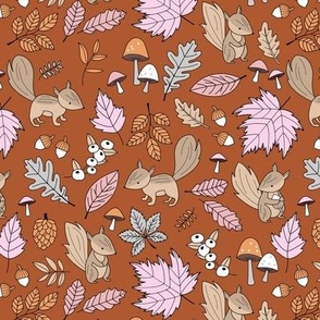 Cheeky squirrels and leaves mushrooms toadstools and acorns seventies vintage style forest woodland pink orange blush on sienna