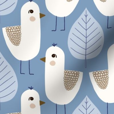 Bird And Leaf / medium scale / blue mustard symmetrical animal pattern design for bird lovers