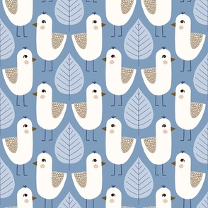 Bird And Leaf / medium scale / blue mustard symmetrical animal pattern design for bird lovers