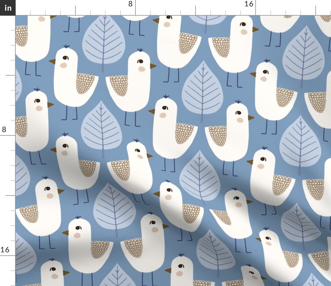 Bird And Leaf / medium scale / blue mustard symmetrical animal pattern design for bird lovers