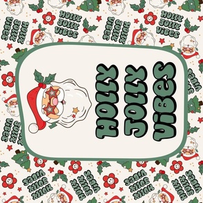 Large 27x18 Fat Quarter Panel Holly Jolly Vibes Retro Santa Groovy Christmas for Wall Hanging or Tea Towel