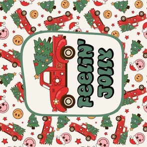 Large 27x18 Fat Quarter Panel Feelin' Jolly Red Holiday Truck Groovy Christmas for Tea Towel or Wall Hanging