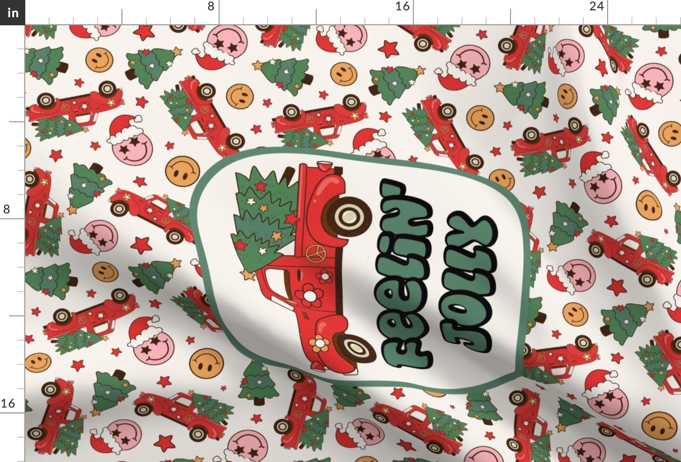 Large 27x18 Fat Quarter Panel Feelin' Jolly Red Holiday Truck Groovy Christmas for Tea Towel or Wall Hanging
