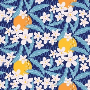 Oranges in Bloom on a blue background - small scale