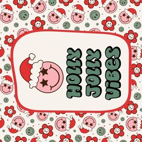 Large 27x18 Fat Quarter Panel Holly Jolly Vibes Retro Santa Smile Face for Wall Hanging or Tea Towel