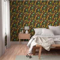 vintage tropical parrots, exotic antique toucan birds, green Leaves and colorful nostalgic fruits and  berries,   toucan bird, Tropical parrot fabric, - black double layer Fabric