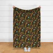 vintage tropical parrots, exotic antique toucan birds, green Leaves and colorful nostalgic fruits and  berries,   toucan bird, Tropical parrot fabric, - dark red double layer Fabric