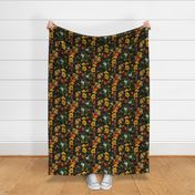 tropical parrots, exotic toucan birds, green Leaves and colorful antique berries,  toucan bird, Tropical parrot fabric, - black Dark Moody Floral double layer Fabric