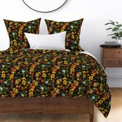 tropical parrots, exotic toucan birds, green Leaves and colorful antique berries,  toucan bird, Tropical parrot fabric, - black Dark Moody Floral double layer Fabric