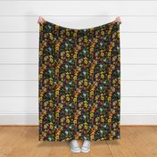 vintage tropical parrots, exotic antique toucan birds, green Leaves and colorful nostalgic fruits and  berries,   toucan bird, Tropical parrot fabric, - black double layer Fabric