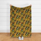 vintage tropical parrots, nostalgic exotic toucan birds, green antiqued hand painted Leaves and colorful fruits and  berries,  toucan bird, Tropical parrot fabric, - yellow double layer Fabric