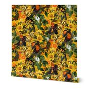 vintage tropical parrots, nostalgic exotic toucan birds, green antiqued hand painted Leaves and colorful fruits and  berries,  toucan bird, Tropical parrot fabric, - yellow double layer Fabric