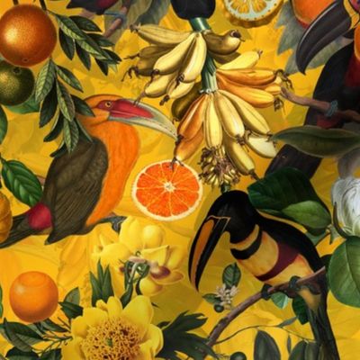 vintage tropical parrots, nostalgic exotic toucan birds, green antiqued hand painted Leaves and colorful fruits and  berries,  toucan bird, Tropical parrot fabric, - yellow double layer Fabric