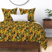 vintage tropical parrots, nostalgic exotic toucan birds, green antiqued hand painted Leaves and colorful fruits and  berries,  toucan bird, Tropical parrot fabric, - yellow double layer Fabric