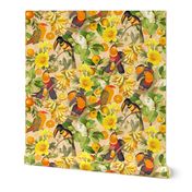 vintage tropical parrots, exotic antique toucan birds, green Leaves and colorful nostalgic fruits and  berries,   toucan bird, Tropical parrot fabric, - sunny yellow double layer Fabric
