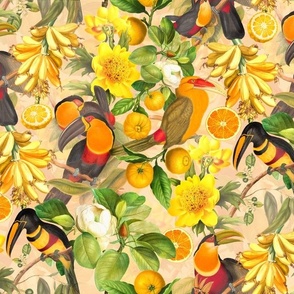 vintage tropical parrots, exotic antique toucan birds, green Leaves and colorful nostalgic fruits and  berries,   toucan bird, Tropical parrot fabric, - sunny yellow double layer Fabric