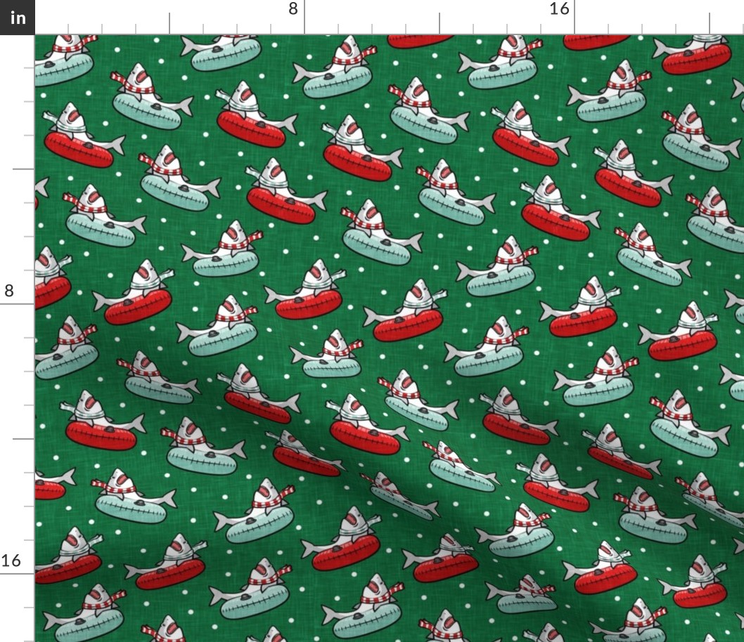 snow tubing sharks - winter shark w/ polka dots - green - LAD22