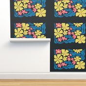 Small Flower Heads Tea Towel - pink, blue, yellow on a black background