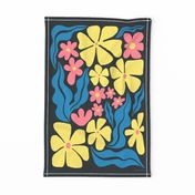 Small Flower Heads Tea Towel - pink, blue, yellow on a black background