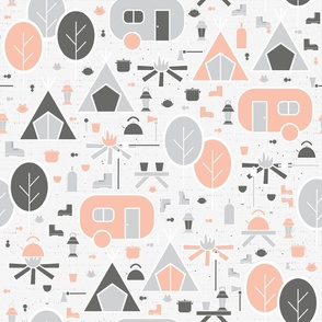 Camping in the Woods - Peach and Grey - Woodland - Cabincore - Travel - Road Trip - Summer - Bonfire - Campfire - Pantone 2024 - Peach Fuzz