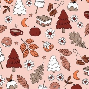 Vintage winter wonderland leaves moon stars autumn smores marshmallows snacks and pumpkin spice coffee and christmas pudding and trees orange rust red on blush seventies palette