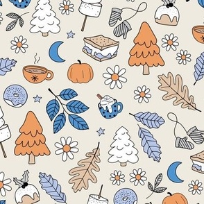 Vintage winter wonderland leaves moon stars autumn smores marshmallows snacks and pumpkin spice coffee and christmas pudding and trees orange cornflower blue on beige sand retro palette