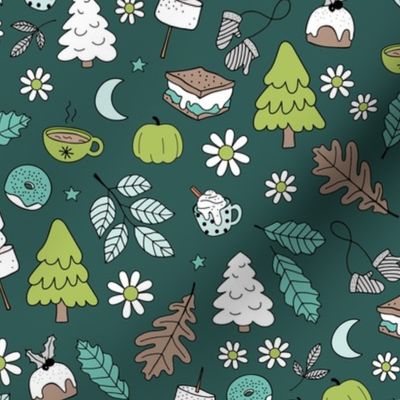 Vintage winter wonderland leaves moon stars autumn smores marshmallows snacks and pumpkin spice coffee and christmas pudding and trees green teal on deep pine green