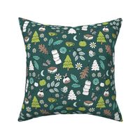 Vintage winter wonderland leaves moon stars autumn smores marshmallows snacks and pumpkin spice coffee and christmas pudding and trees green teal on deep pine green