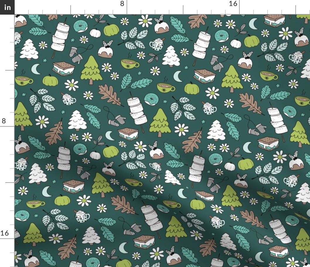 Vintage winter wonderland leaves moon stars autumn smores marshmallows snacks and pumpkin spice coffee and christmas pudding and trees green teal on deep pine green