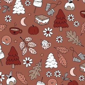 Vintage winter wonderland leaves moon stars autumn smores marshmallows snacks and pumpkin spice coffee and christmas pudding and trees rust sienna orange red