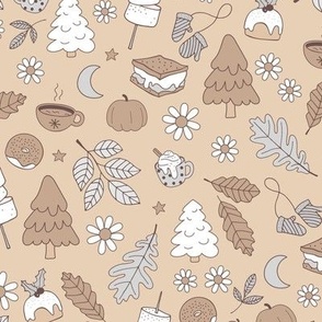 Vintage winter wonderland leaves moon stars autumn smores marshmallows snacks and pumpkin spice coffee and christmas pudding and trees beige sand gray on tan earthy tones