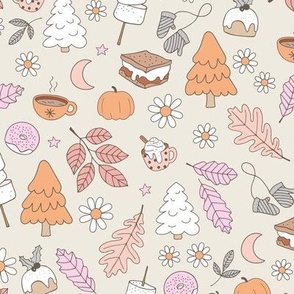 Vintage winter wonderland leaves moon stars autumn smores marshmallows snacks and pumpkin spice coffee and christmas pudding and trees pink orange blush pastel beige on sand girls seventies palette