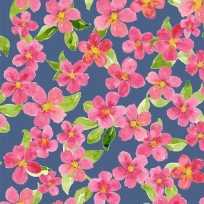 Bright Pink Summer Floral Blooms Watercolor on Blue 