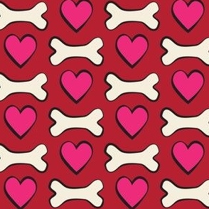 1.5" Dog Bones and Hearts, Red Pink White