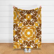 Jumbo scale Symmetrical mosaic tile in watercolour for adult apparel, shirts and dresses, abstract florals and organic shapes in retro 70x tones of chocolate brown and enticing mustards - reminiscent of pottery mugs hand-thrown by potters deep in the wood