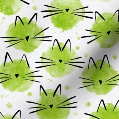 small scale cat - ellie cat lime - watercolor drops cat - cute cat fabric and wallpaper