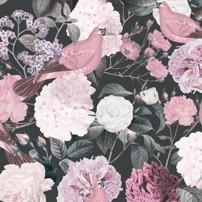 retro floral with birds- dusky pink and cream on dark grey