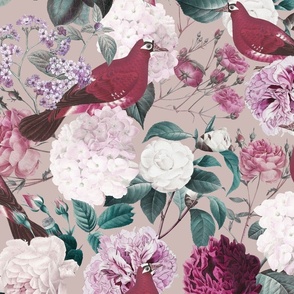 retro floral with birds- pink and cream on dusky pink