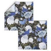 retro floral with birds- blue on sage green