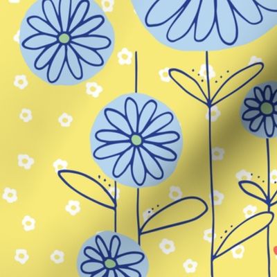 Round Flowers in Blue on Yellow