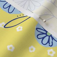 Round Flowers in Blue on Yellow