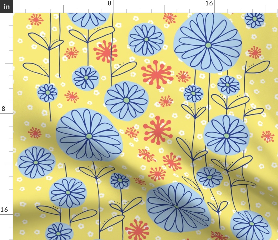 Round Flowers in Blue on Yellow