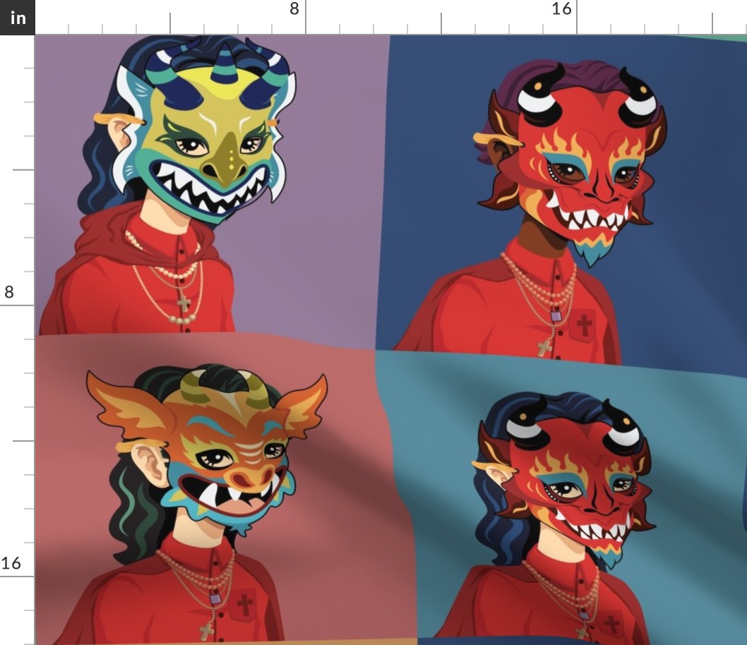 Dancing Devil Masks 10-inch squares