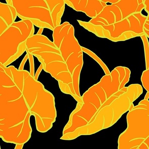 textile-large jungle leaves- orange and burnt black