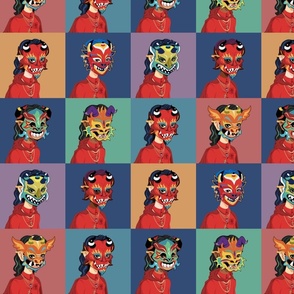 Dancing Devil Masks 4-inch squares