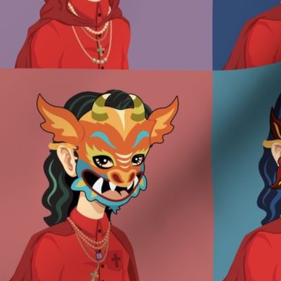 Dancing Devil Masks 6-inch squares