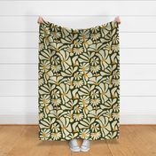 Retro Whimsy Daisy- Flower Power on Olive Green- Eggshell Floral- Large Scale