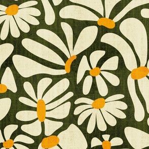 Retro Whimsy Daisy- Flower Power on Olive Green- Eggshell Floral- Large Scale