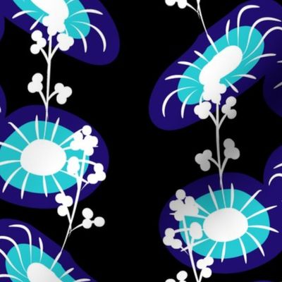 Alien Dreamscape- UFO Floral Stripes- Neon- Turquoise Navy Violet- Large Scale