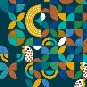 Geometry in Nature- Find the Avians- Teals and Blues- Verdigris Teal Golden Yellow Blue Warm Cinnamon Clover Green Japanese Indigo - Large Scale